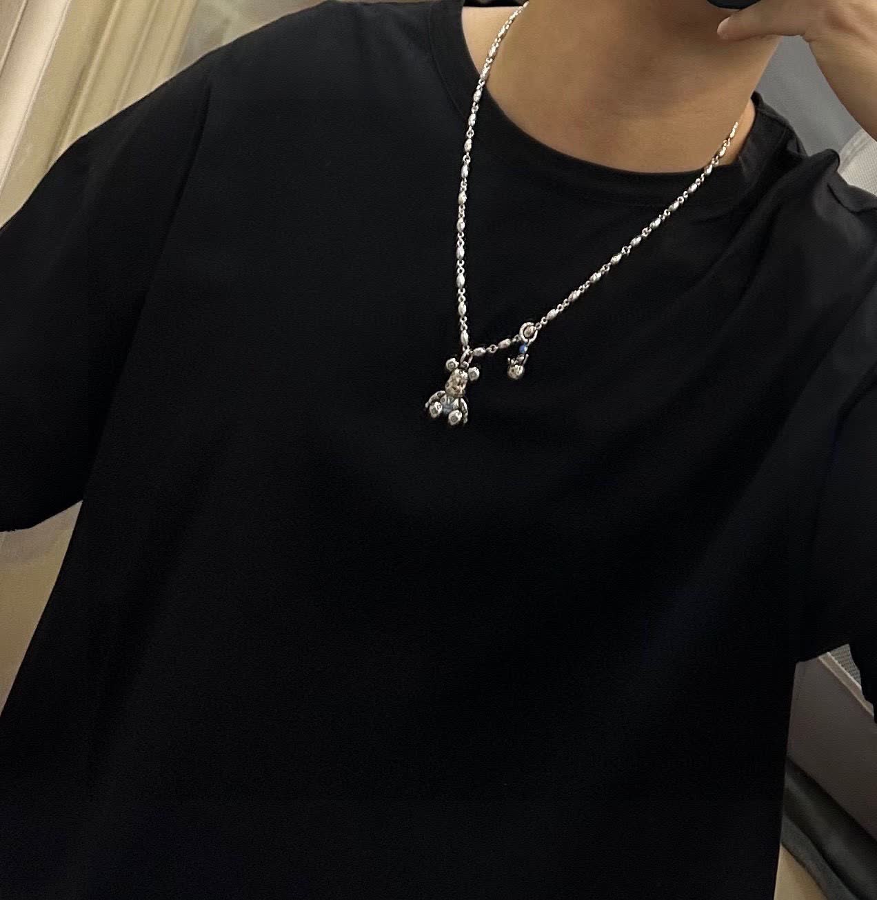 Louis Vuitton Silver Beaded Necklace with Bear Charm